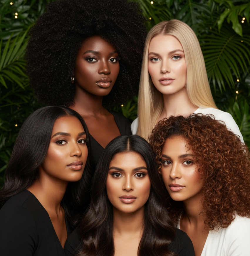 Promotional image of Vividera Hair with four models showcasing different hair types against a green leafy background.
