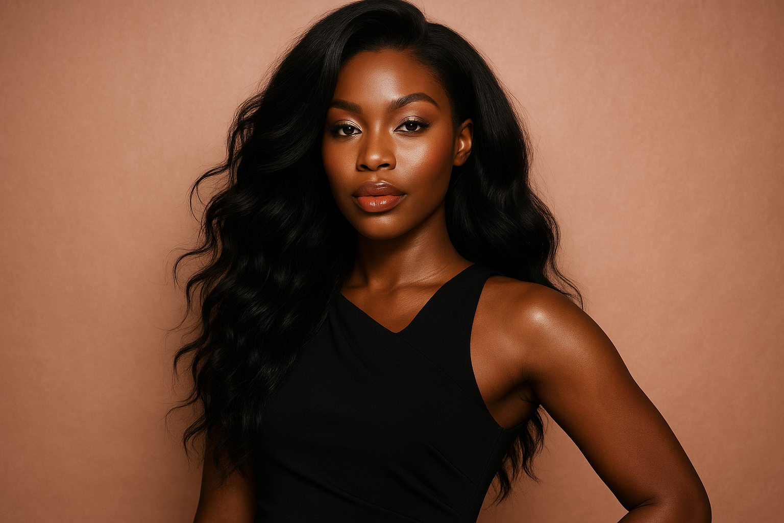 single, powerful photoshoot image featuring a confident Black woman with voluminous, wavy long black hair extensions , wearing a sleek black dress, against a rose gold background with glowing makeup
